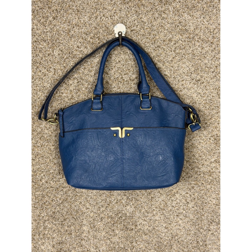 Bueno Blue Faux Leather Satchel Handbag Crossbody Bag Brass Hardware